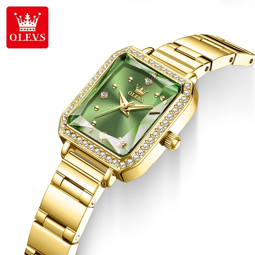 OLEVS Ladies Watch Simple Square Luxury Fashion Stainless Steel Gold Green Watches Women's Imported movement Quartz Wristwatches