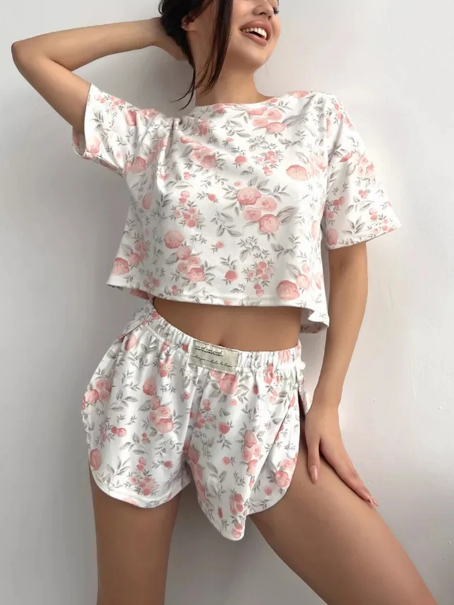 Mozuleva Fashion Printed Casual Shorts Set Women's Round Neck T-shirt Sexy Split Shorts Female Underwear Pajama Two-piece Set