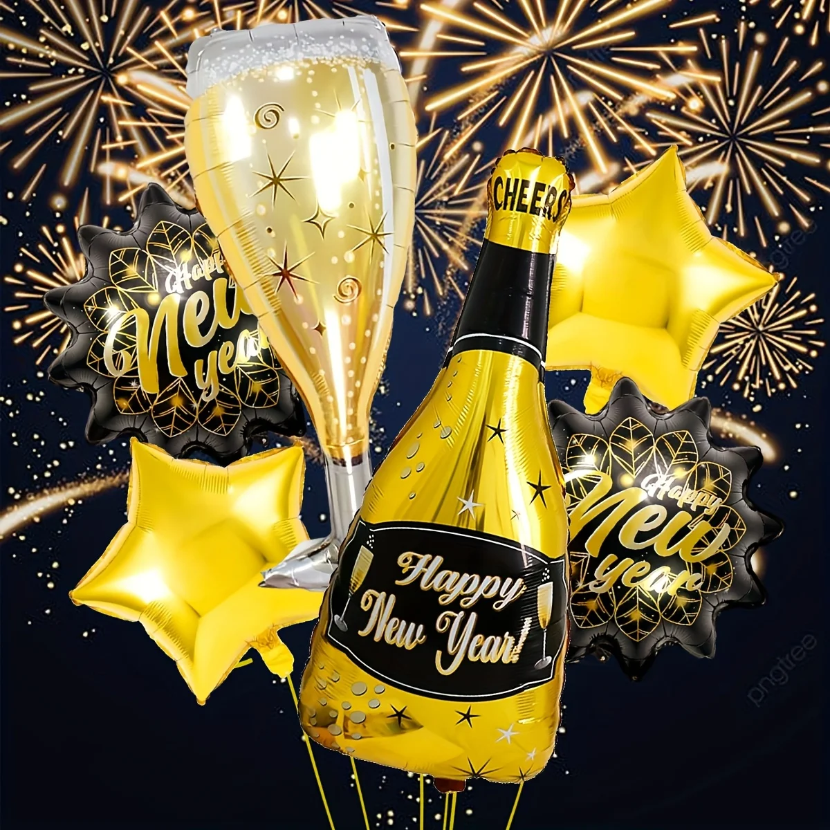 6 Stück Neujahrs-Ballon-Set, Dekorationen, einschließlich Neujahrsblätter, goldenen Sterne, Weinflaschenformen, Neujahrsparty-Dekorationen