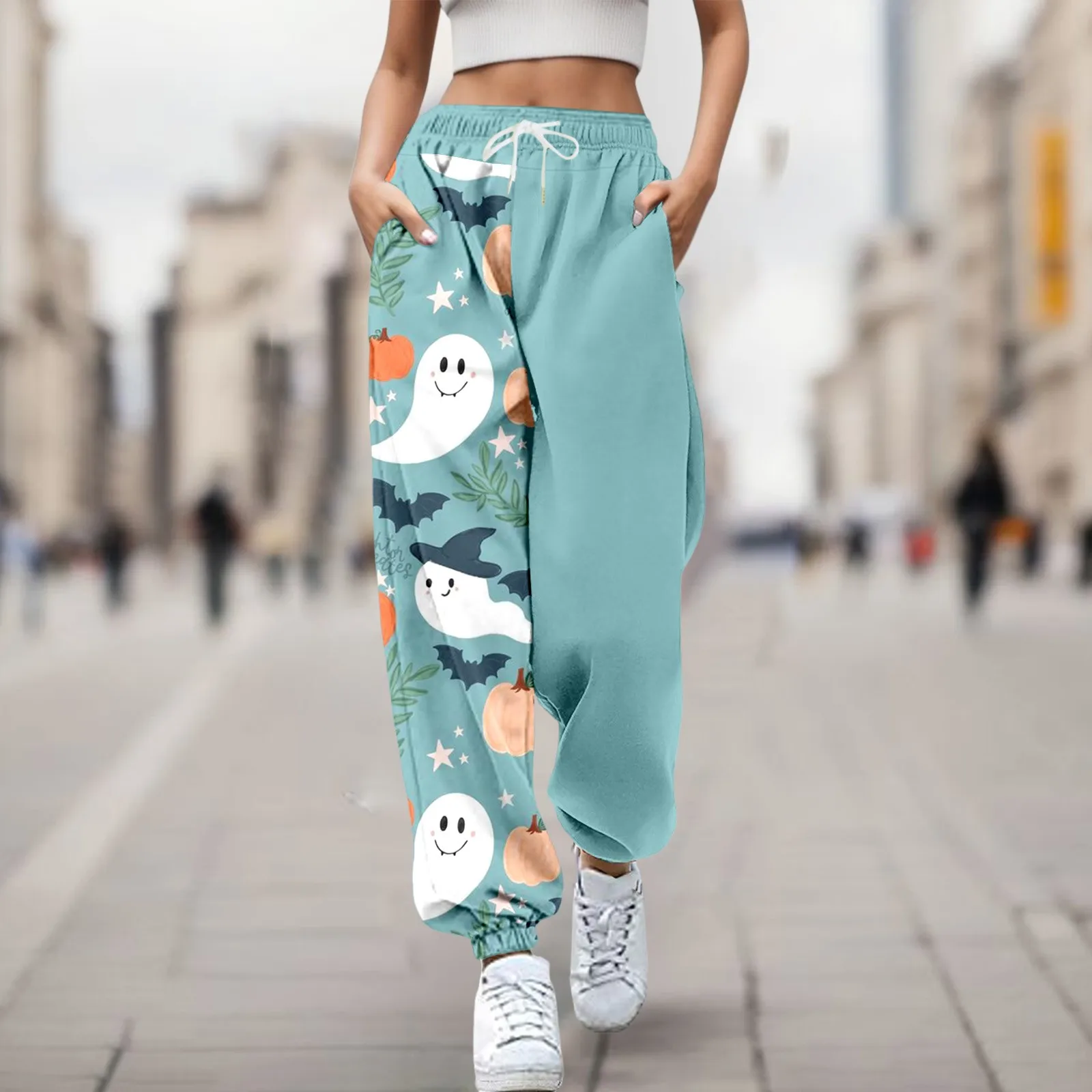 Calça de moletom de cintura alta para mulheres, reta, azul, fantasma, estampa abóbora, calça, apto para o Halloween, confortável, calça kawaii