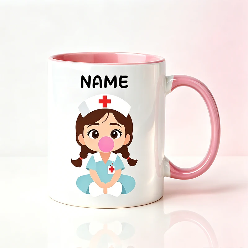 Customizable name mug featuring a cute nurse blowing bubbles—a great gift of appreciation for Doctors' Day.