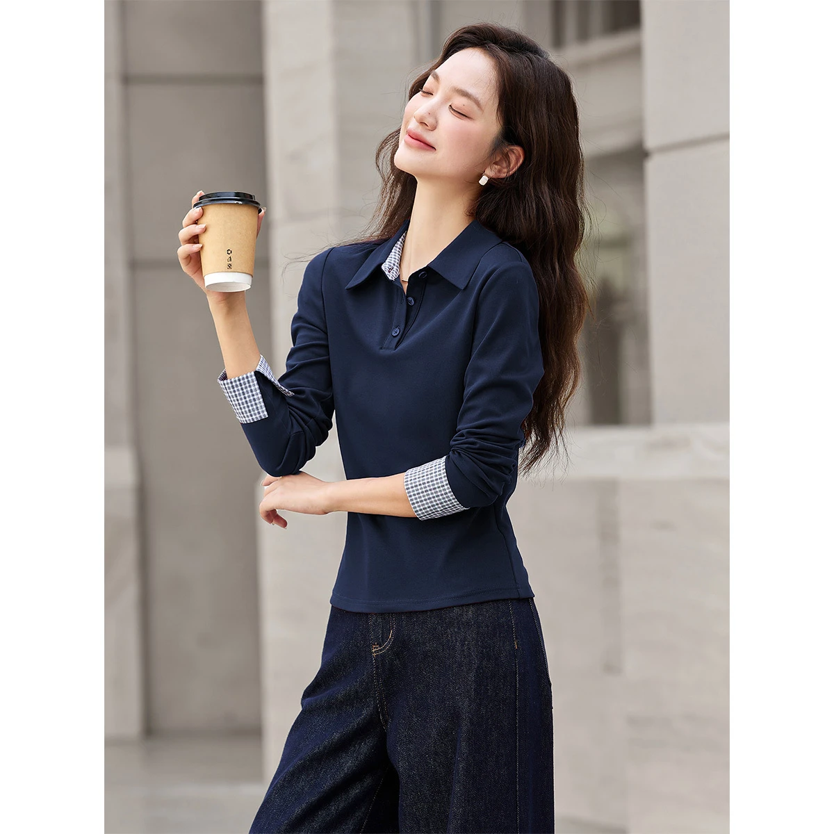 VIMLY Long Sleeve Knitted T-shirt Autumn 2026 Woman Casual New Turn-down Neck Gingham Cuff Strecth Female Tees Ladies Tops A2105
