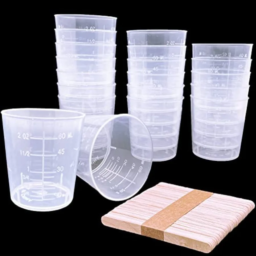 

30 Pcs Plastic Graduated Cups 60ml/2oz Clear Scale Cups with 50 Pcs Wooden Stirring Sticks for Epoxy Resin Stain Mixing Paint