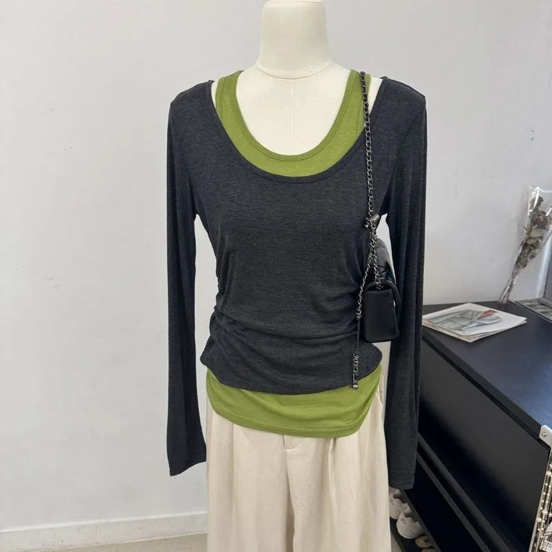 

Женский пуловер контрастного цвета, облегающий жилет с U-образным вырезом, плиссированная футболка с длинными рукавами, топ из двух частей