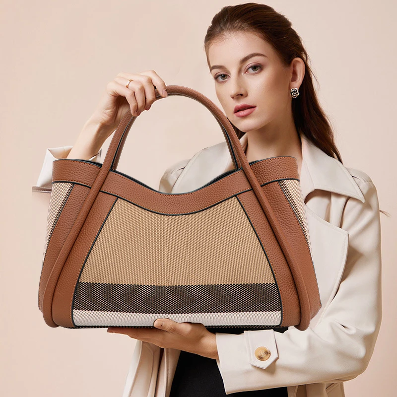 Aidrani  New retro checkered women\'s handbag, large capacity luxury bag, canvas genuine leather bag