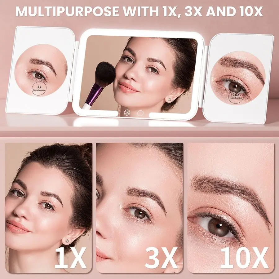 مرآة مكياج مضاءة للسفر، مرايا مكبرة قابلة لإعادة الشحن بقدرة 5000 مللي أمبير في الساعة 1X 3X 10X، 3 ألوان مضيئة للتعتيم بدون خطوات، U #4