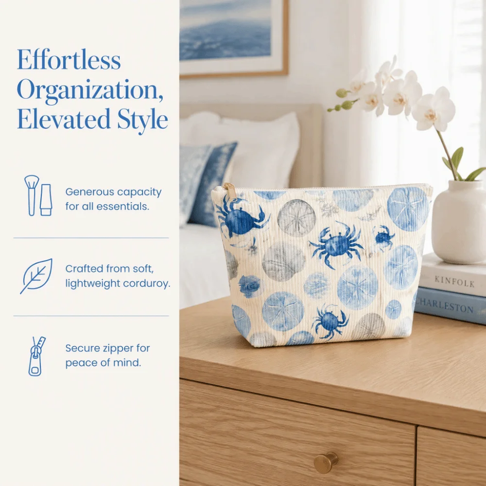 Starfish Shell Print Storage Makeup Pouch Large Capacity 2D Printed Corduroy Makeup Bag Cosmetic Organizer Ocean Animal