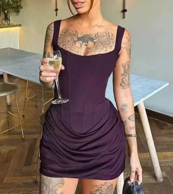 Rückenfreies, gerafftes, sexy figurbetontes Minikleid für Damen, elegantes Bandage-Kleid mit eckigem Ausschnitt, ärmellos, französischer Stil, süßes Club- und Partykleid – Detail 10