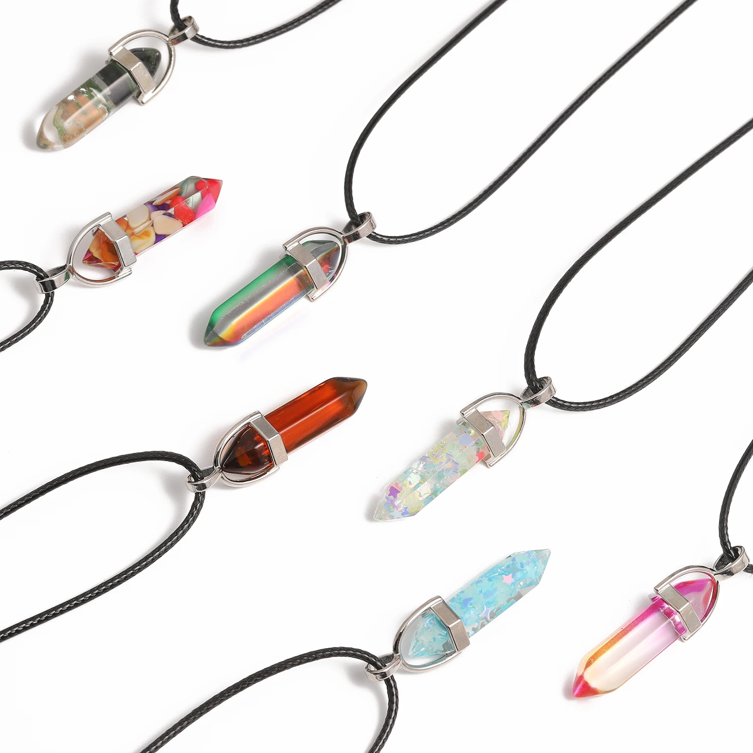 3pcs 42mm Mixed Natural Resin Crystal Cat Eye Vintage Hexagonal Column Pendant Necklaces Leather Chains Necklace Fashion Jewelry