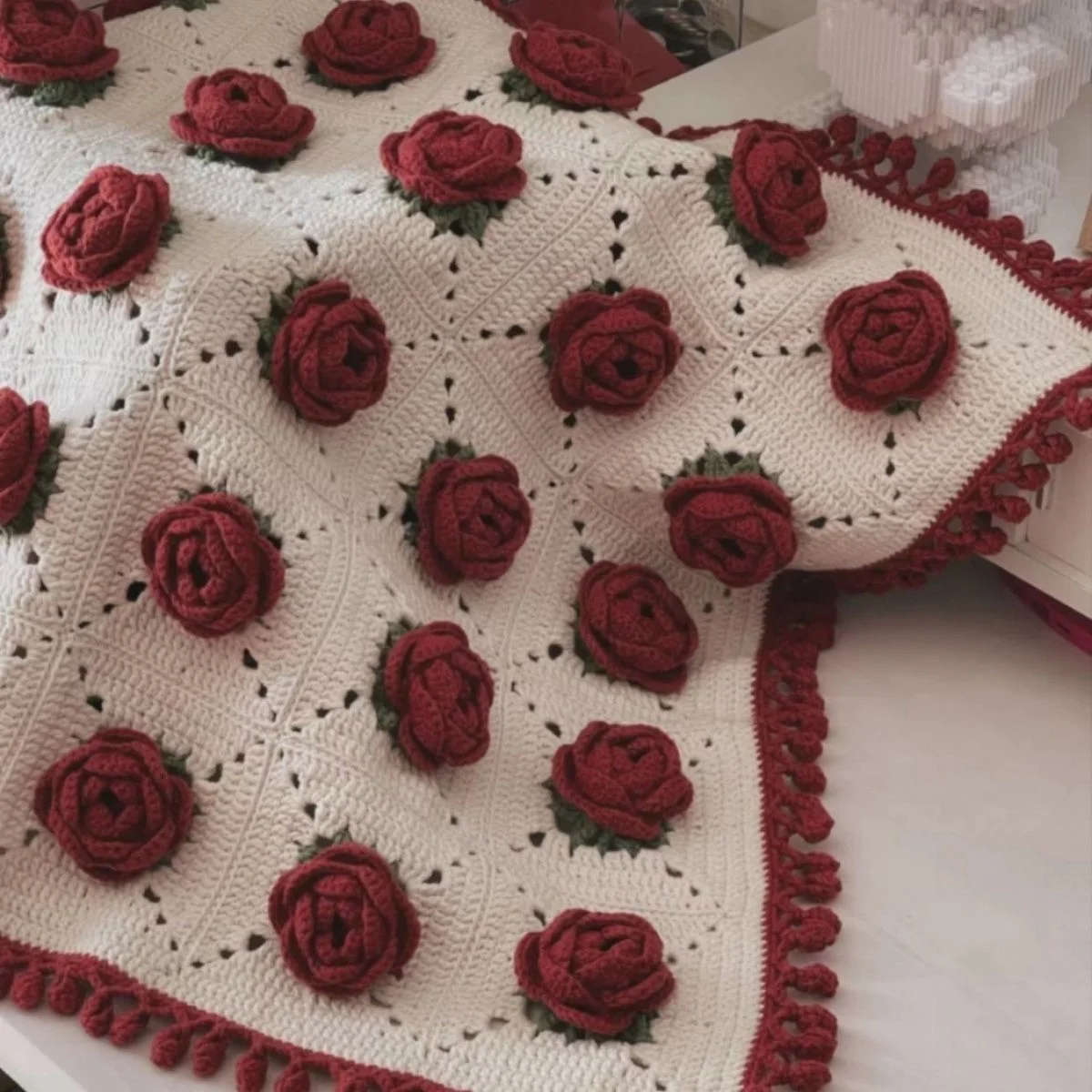 Mother's Day Handmade Gift Tea Rose Camellia Flower Blanket Nap Time Yarn Crochet Shoulder Wrap DIY Wool Thread Hook Weave
