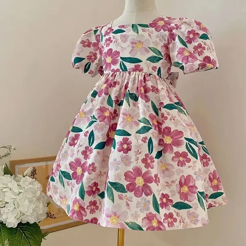 

Baby Girls Short sleeved Dress Summer New Children's Fashionable Sweet Fragmented Flower Bubble Sleeve Skirt Rural Style