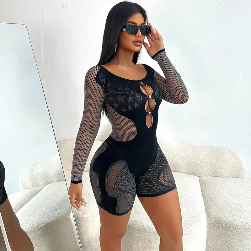 Knitted Hollow Romper for Women 2024 Autumn Solid Color Long Sleeve Off Shoulder Slim Sexy One-piece Jumpsuit Shorts