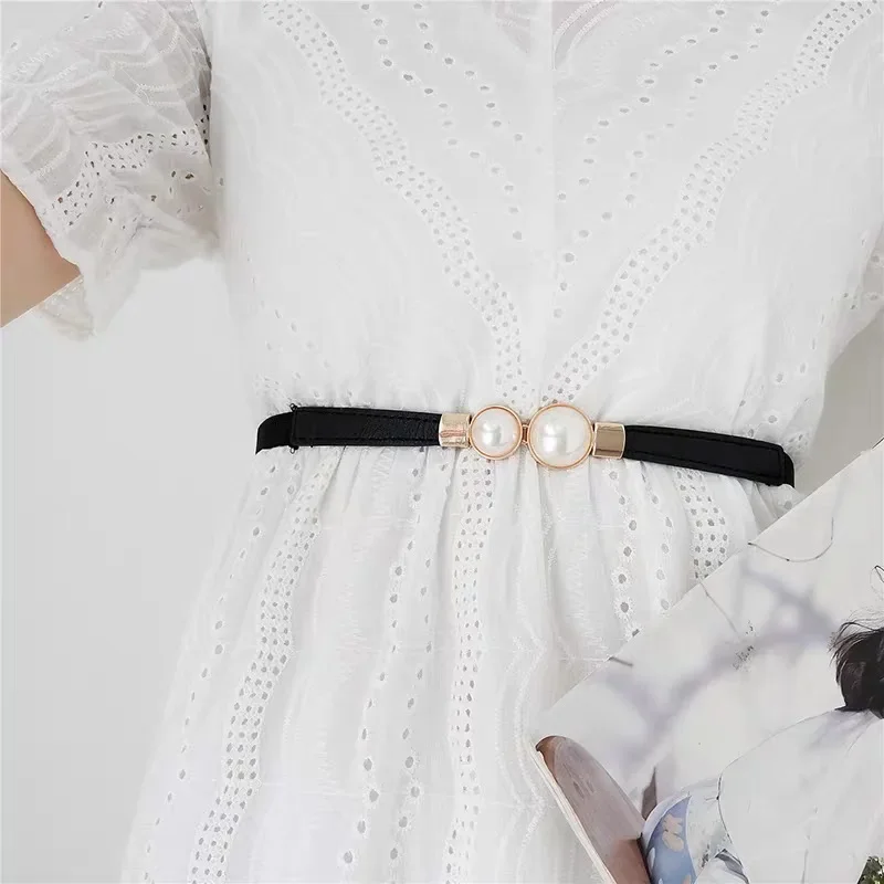 New Pearl Buckle PU Leather Belt Adjustable Ladies Dress Belts Skinny Women Waist Belts Strap Gold Color Buckle Female Belts