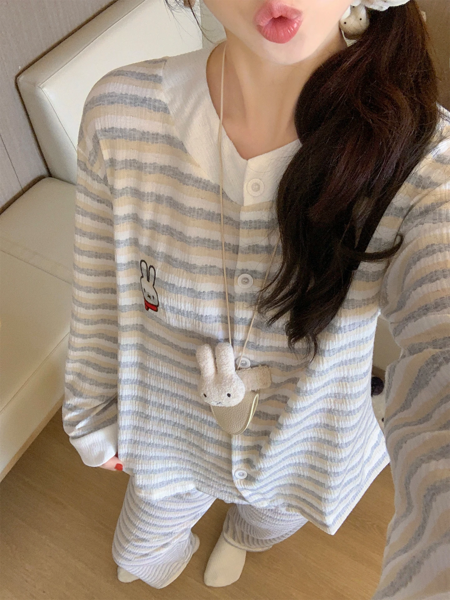 women's-pure-cotton-striped-spwear-casual-sle-long-sve-home-clothes-suitable-for-outdoor-wear-comfortable-soft-fabric