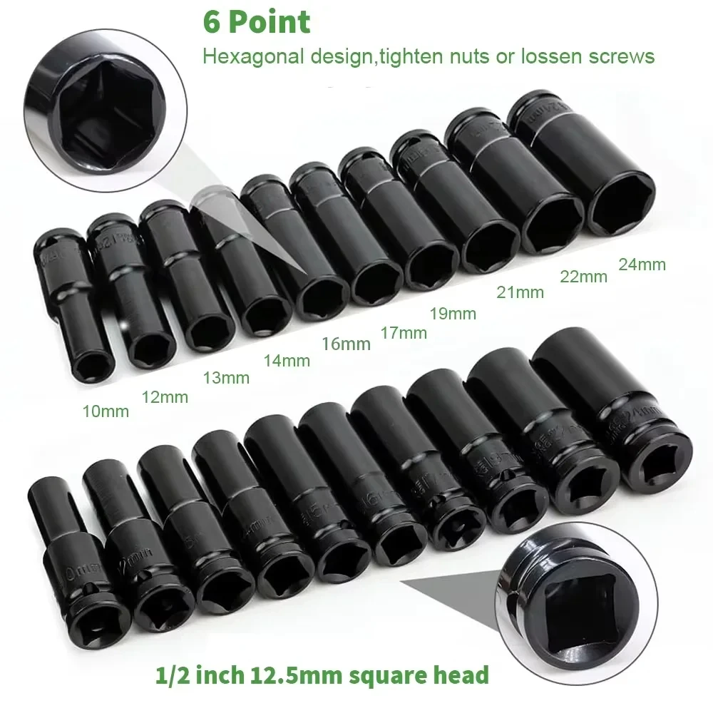 1/2Inch Drive 6-Point Impact Socket Set 10-Piece Metric Sizes 8-24mm Carbon Steel Impact Socket Set with Hard Storage Box