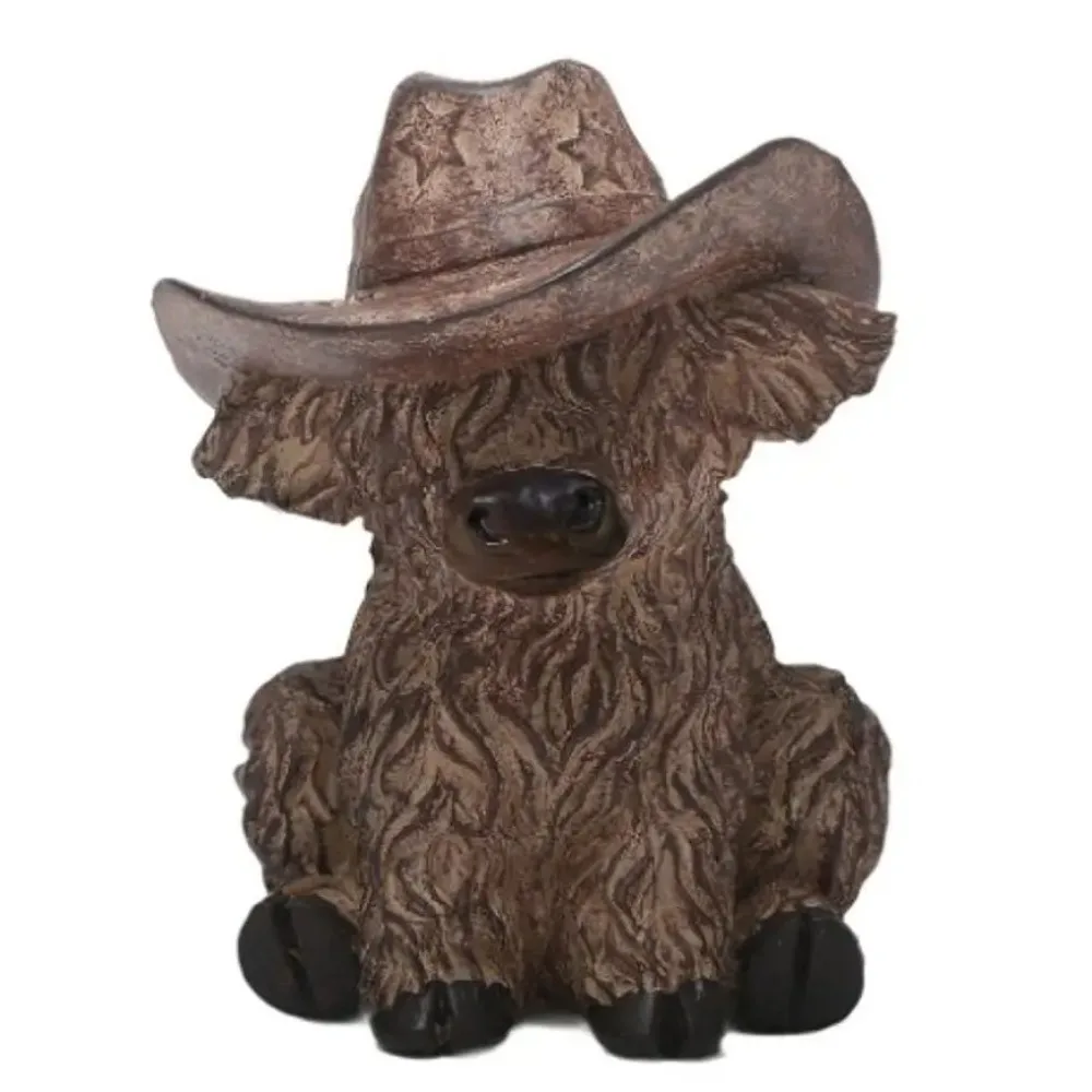 

With Cowboy Hat Highland Cow Figurine Rustic Realistic Highland Bull Statue Resin Crafts Animal Sculpture Home Living Room