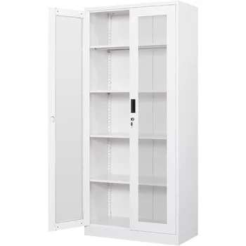 Image Display Cabinet with Glass Doors,Curio Cabinets with 4 Adjustable Shelves,Locking Glass Cabinet Display Case for Home,White