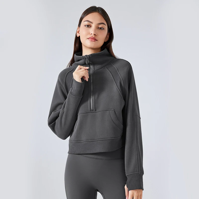 Women's Half-Zip High Neck Fleece Sweatshirt - Thickened Warm Pullover for Winter, Casual Outdoor Wear and Athletic Gym Top