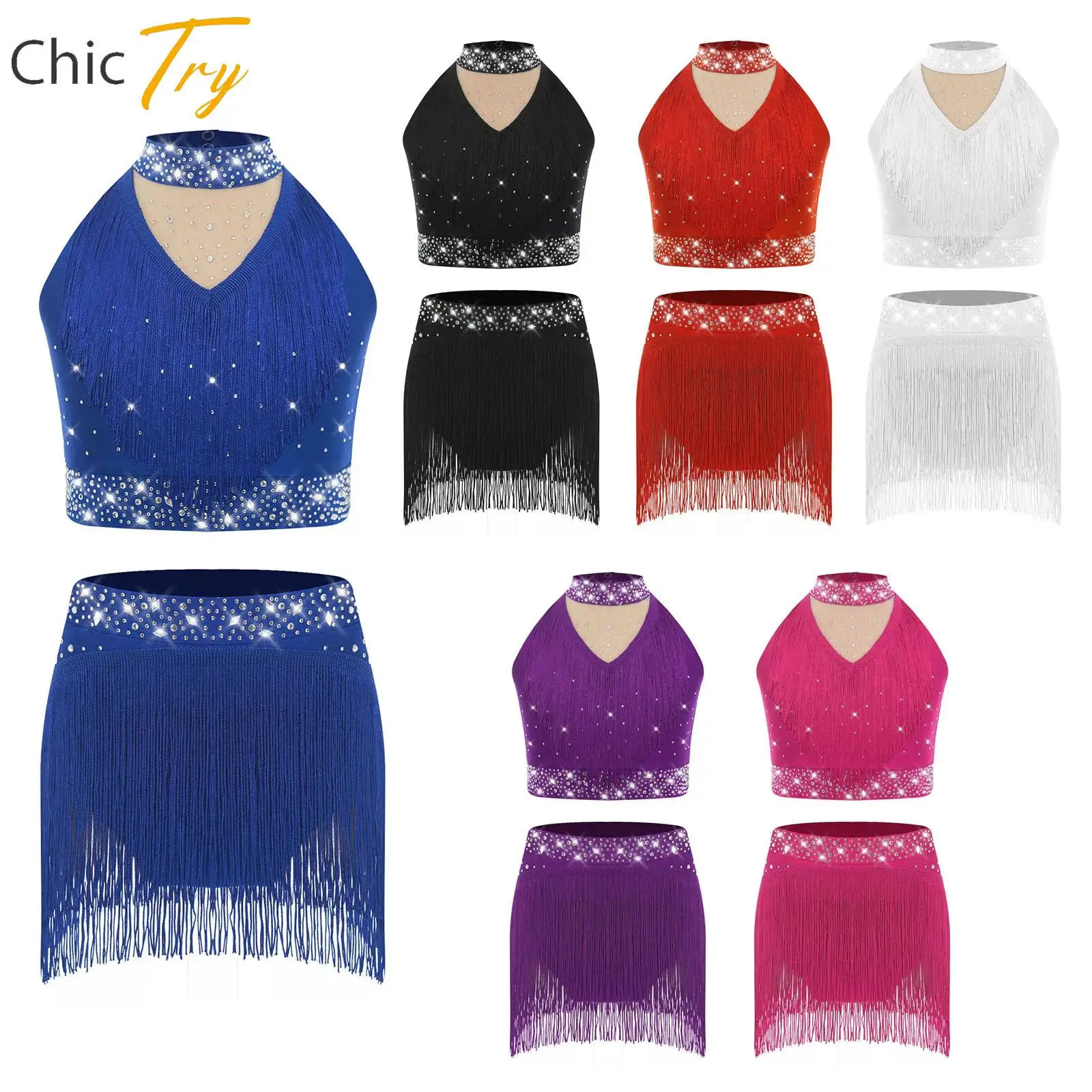 

Teen Girls Latin Dance Outfit Jazz Modern Dance Costume Figure Skating Performance Suits Sequins Fringe Tank Tops+Skirted Shorts