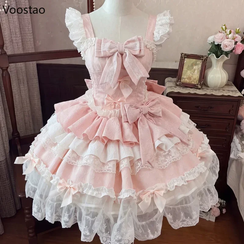IMU Japanese Sweet Elegant Lolita Jsk Dress Women Vintage Lace Bow Slim Princess Dresses Girls Kawaii Cute Evening Party Mini Dr