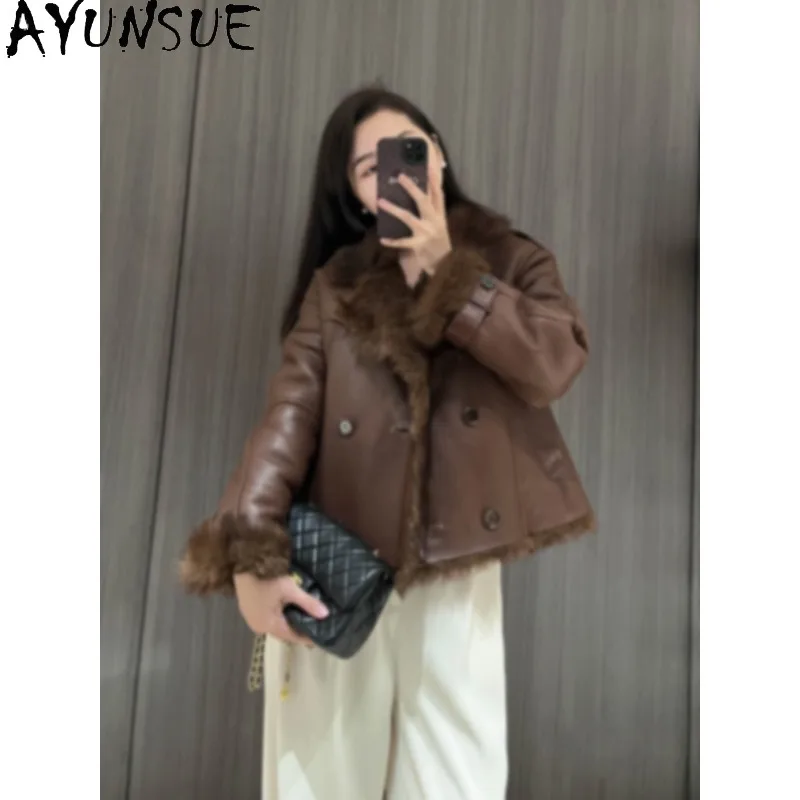 AYUNSUE Leather&fur Coat Woman Short Motorcycle Style Outerwears Long Sleeve Tops for Woman Winter Jakcet Woman Clothes 신상아우터