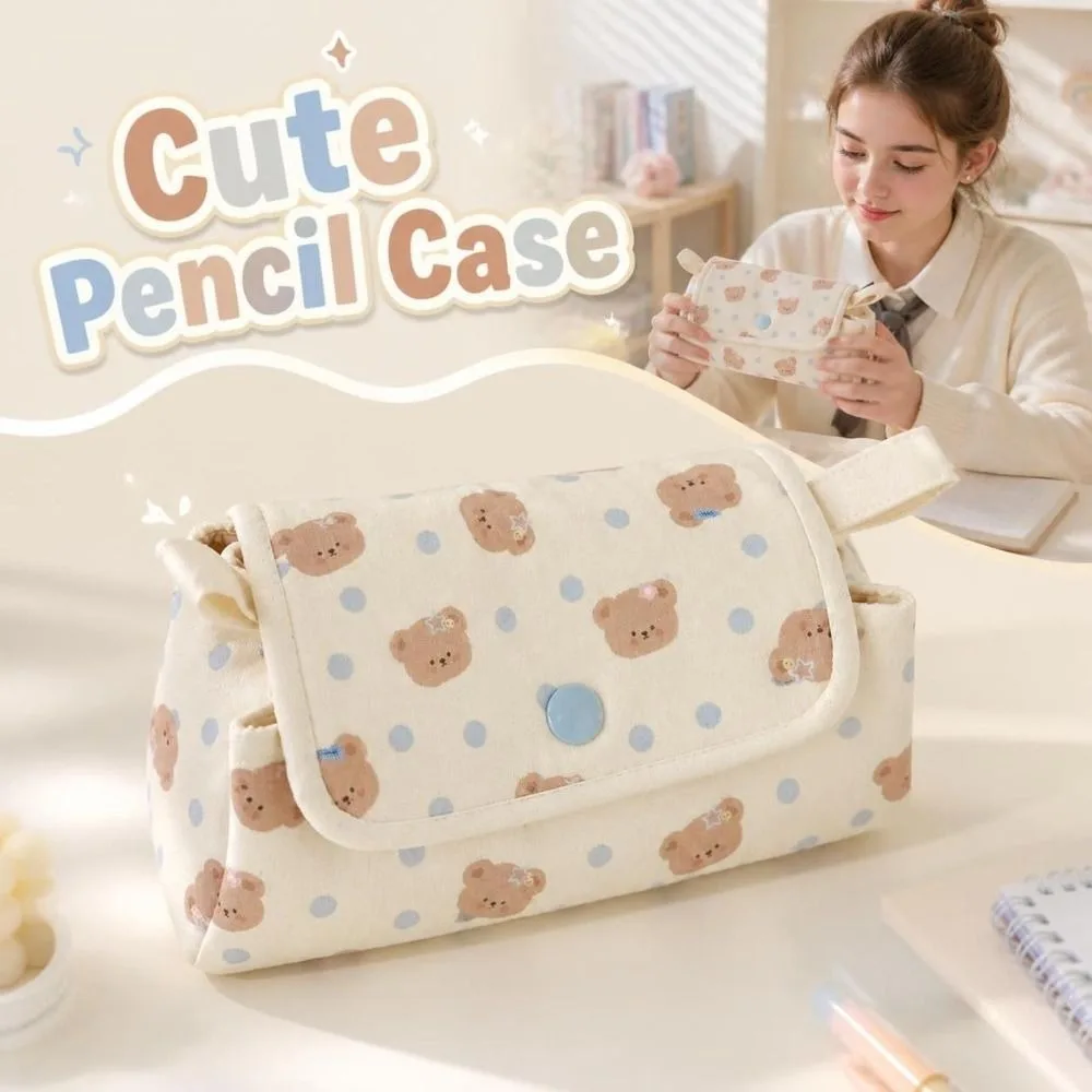 Stylish Multi-Layer Pencil Pouch Button-closure Bear Printed Pencil Case Lightweight Portable Stationery Bag Students Supplies