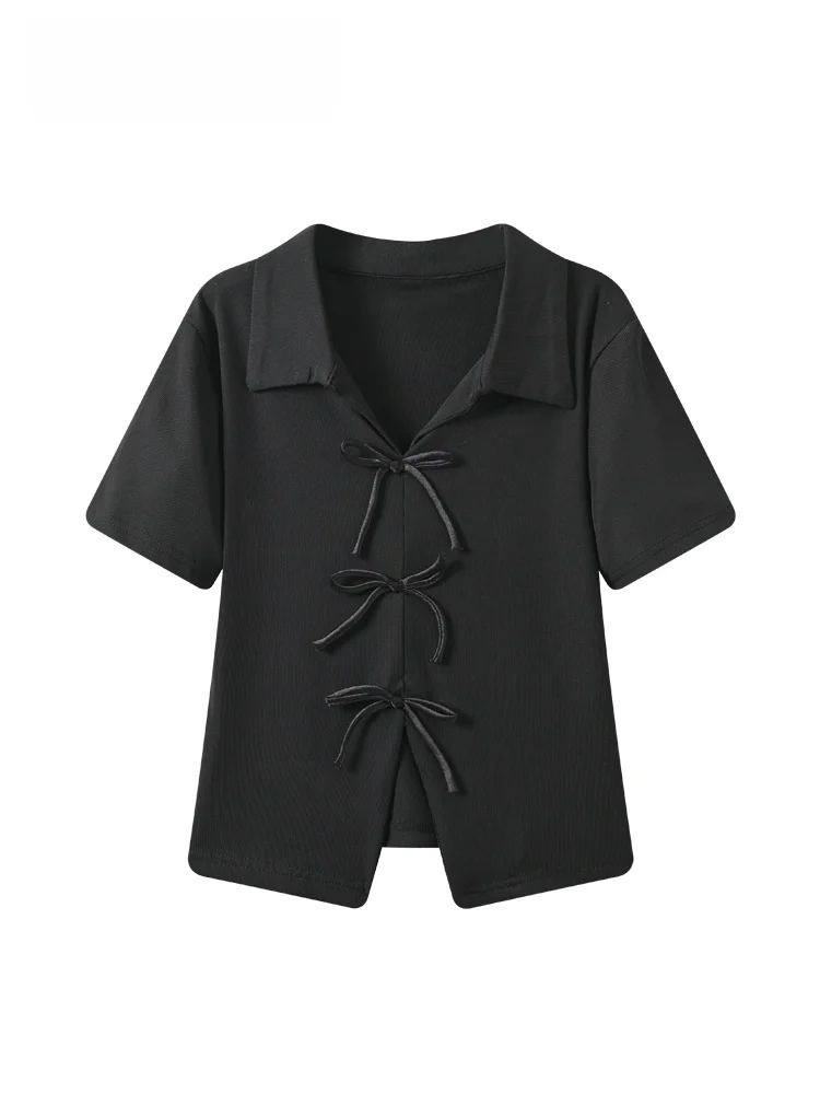

plus Size Chinese Style Short Sleeve Neck T-Shirt Women Summer New Fashion Knot Top Trendy plus Size Sister