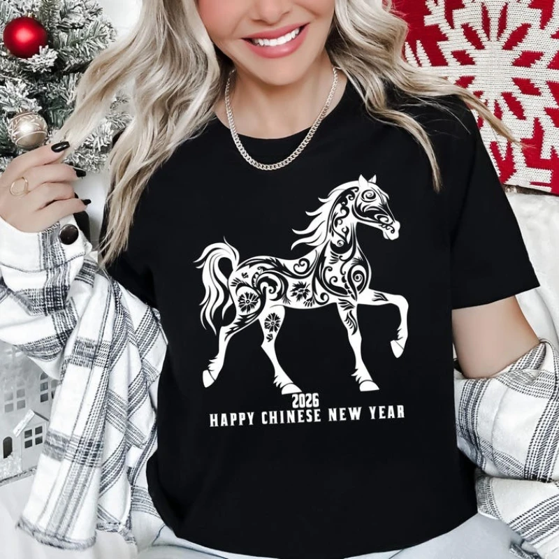 

Happy Chinese 2026 New Year T-Shirt Horse Lover classics Lunar Family Of The Unisex Shirt Hipster Street Fashion Short-sleev