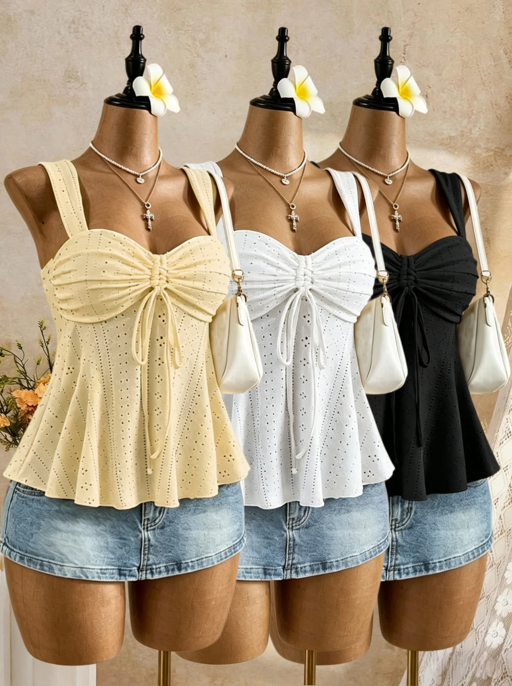 

Women 3 Pack Solid Eyelet Lace Cami Top Casual Ruched Tie Front Peplum Camisole Top Set