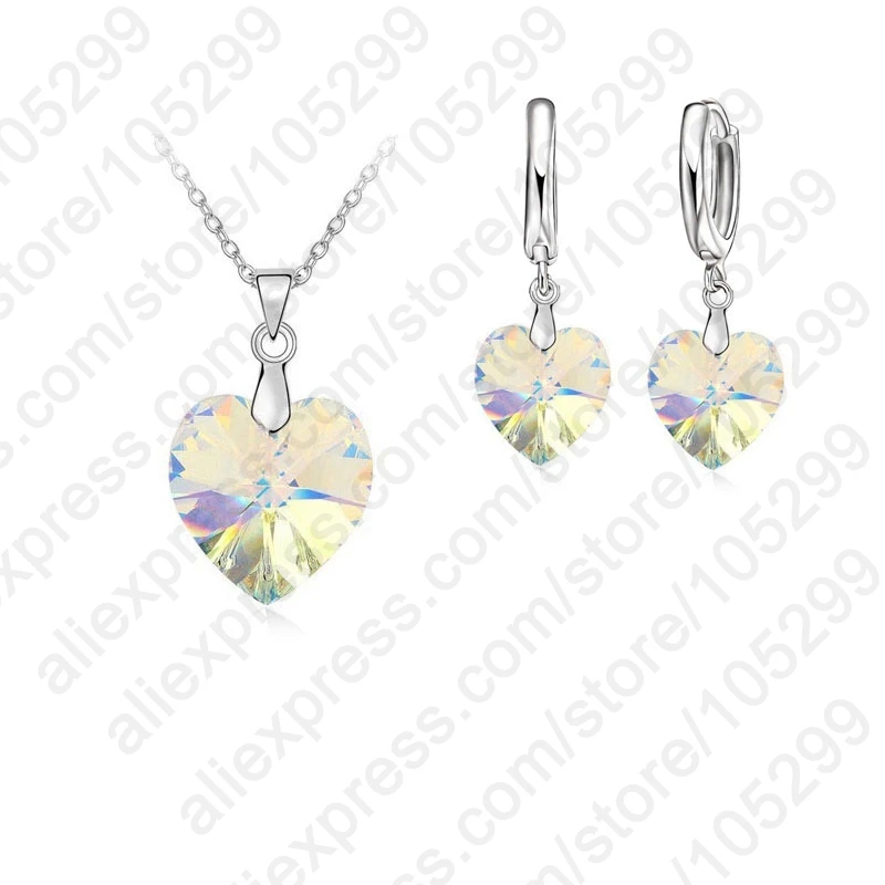 Romantic Clearly Austrian Crystals 925 Sterling Silver Jewelry Sets Heart Pendant Necklaces Lever Back Earring For Woman