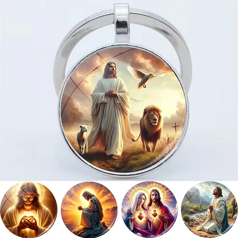 Подвеска-с-изображением-Иисуса-брелок-с-драгоценным-камнем-стеклянный-кристалл-овальный-мужской-автомобильный-брелок-семейные-ювелирные-изделия-подарок