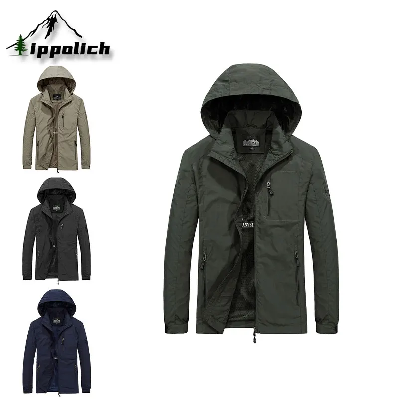 

IPPOLICH Men's Thin Spring Autumn Jacket Retro Hooded Men's Jackets Hiking Shopping Travel Coat Solid Color Outdoor Outerwear