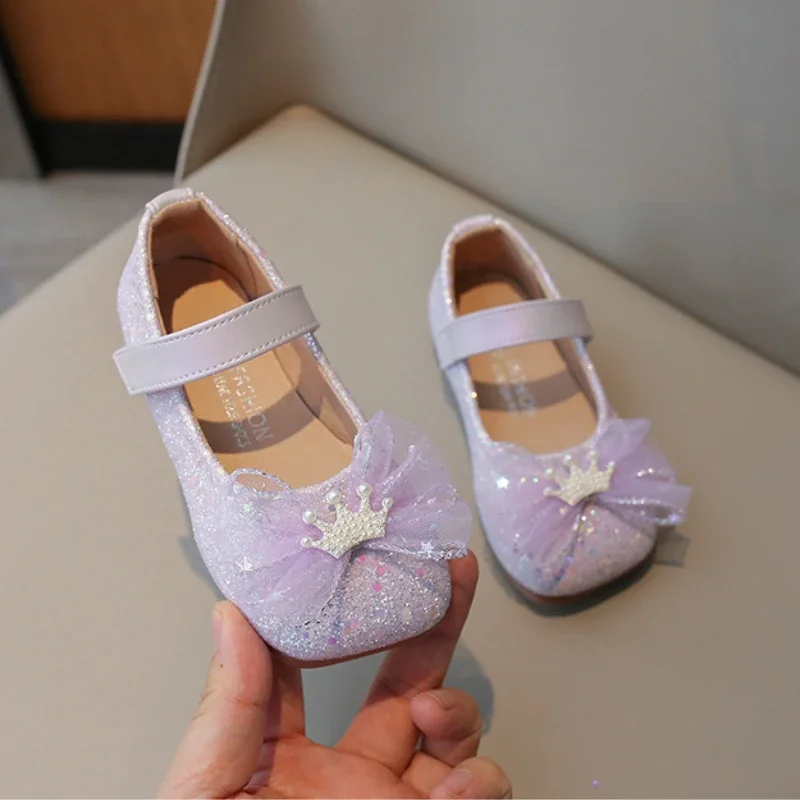 Elegant Girls Party Shoes 2024 Spring Versatile Children\'s Leather Shoes Bowknot Pearl Sweet Kid Princess Ballet Flats Mary Jane