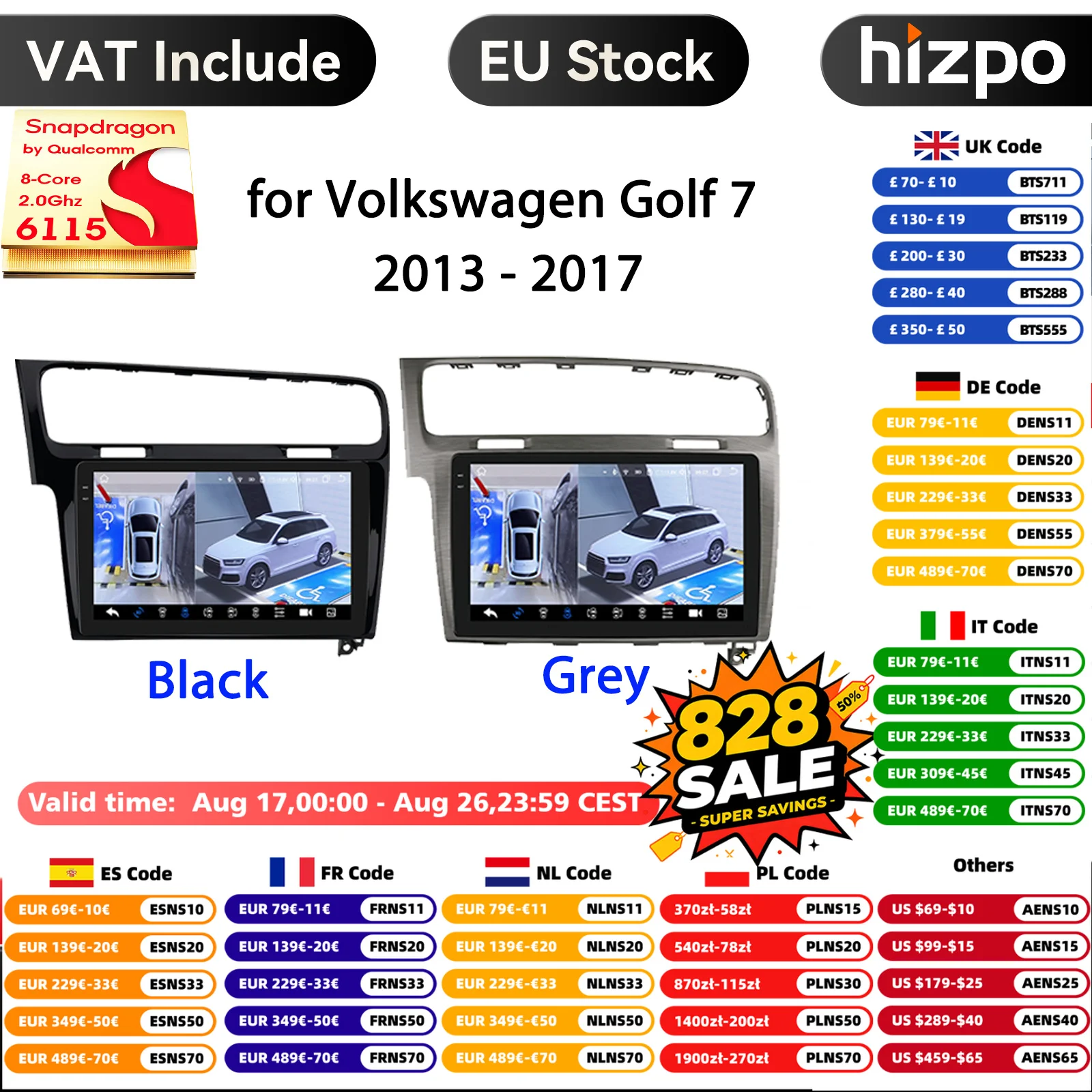 Hizpo Snapdragon 8Core 360 ° Panoramakamera CarPlay Android Auto Autoradio für Volkswagen VW Golf7 2013-2017 GPS-Multimedia-Player