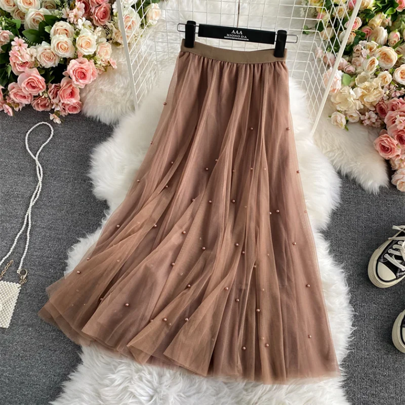 

New Spring Summer Skirts Womens Beading Mesh Tulle Skirt Women Elastic High Waist A Line Mid Calf Long Pleated Skirt