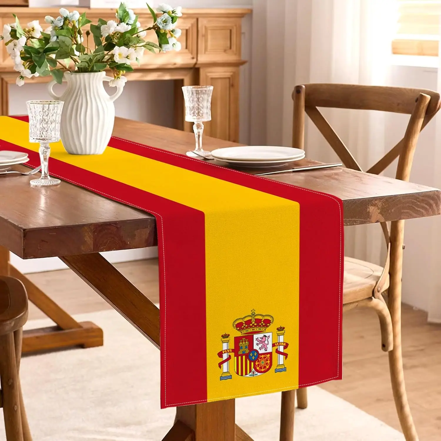 Spain Flag Linen Table Runner Spanish Fiesta Birthday Party Decor Reusable Kitchen Dining Table Runner Soccer Day Party Decor