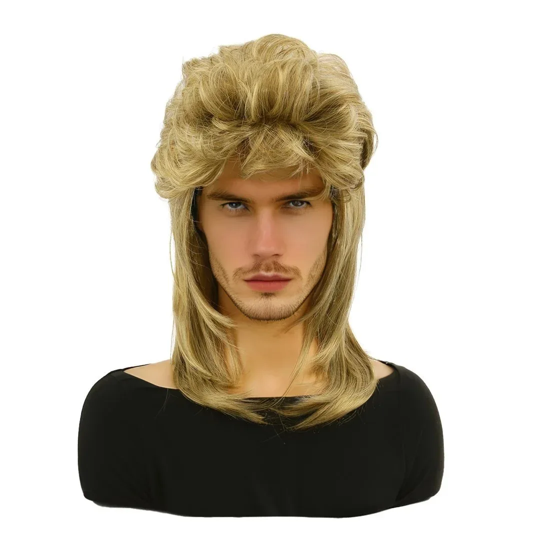 Pelucas Punk Rock de los años 80 para hombre, peluca ondulada Natural de fibra sintética resistente al calor de 20 pulgadas para hombres, disfraces de fiesta y banda de Halloween