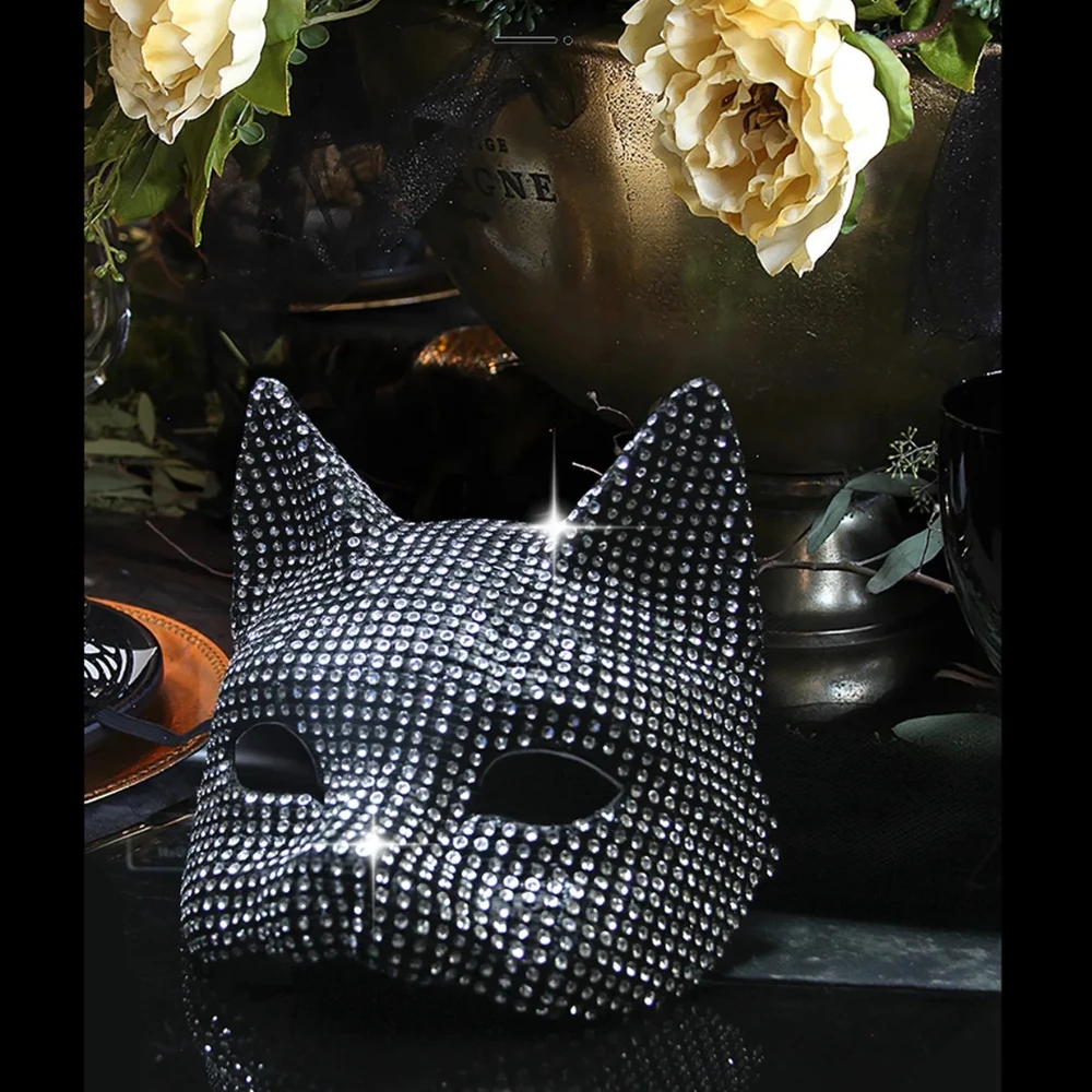 Masque de chat brillant pour femmes, Masque facial en cristal, spectacle de fête de danse, accessoires faciaux Sexy, Masque de scène DJ, Masque de chat Cosplay