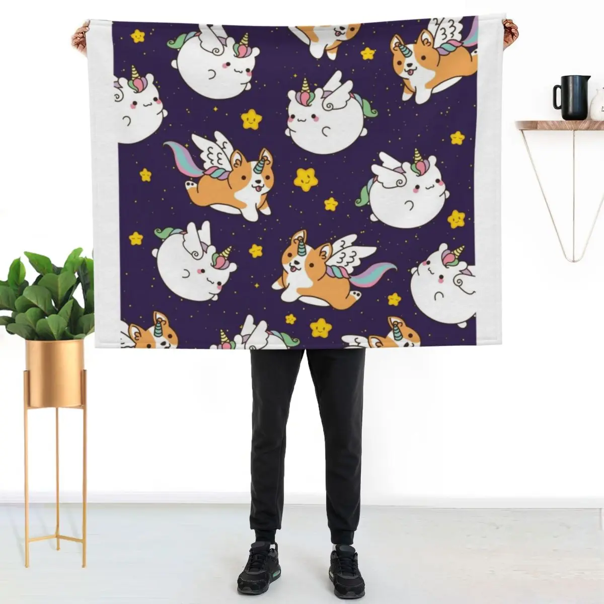 Unicorn and Corgi Unicorn Flying in the Sky Throw Blanket Comforter Picnic Luxury Nap Hair Blankets