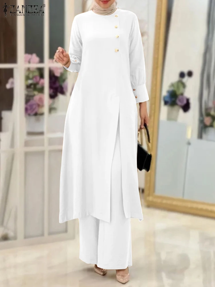 ZANZEA Muslim Abaya Suit Elegant Women Matching Sets Fashion Long Shirt Tops & Wide Leg Pants Ramadan Outfits Tracksuits