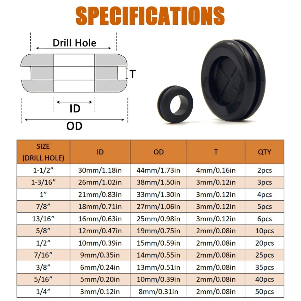 

200pcs Round Grommet Protective Coil Double-sided Rubber Firewall Hole Plug Retaining Ring Parts Car Electrical Wire Gasket