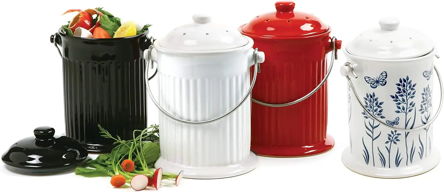 Ceramic Floral Blue/White Compost Keeper, 3-Quart