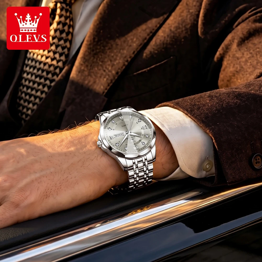 OLEVS 3759 Brand original authentic watches for man luxury Gift Box Steel band diamond-shaped glass quartz men's watch