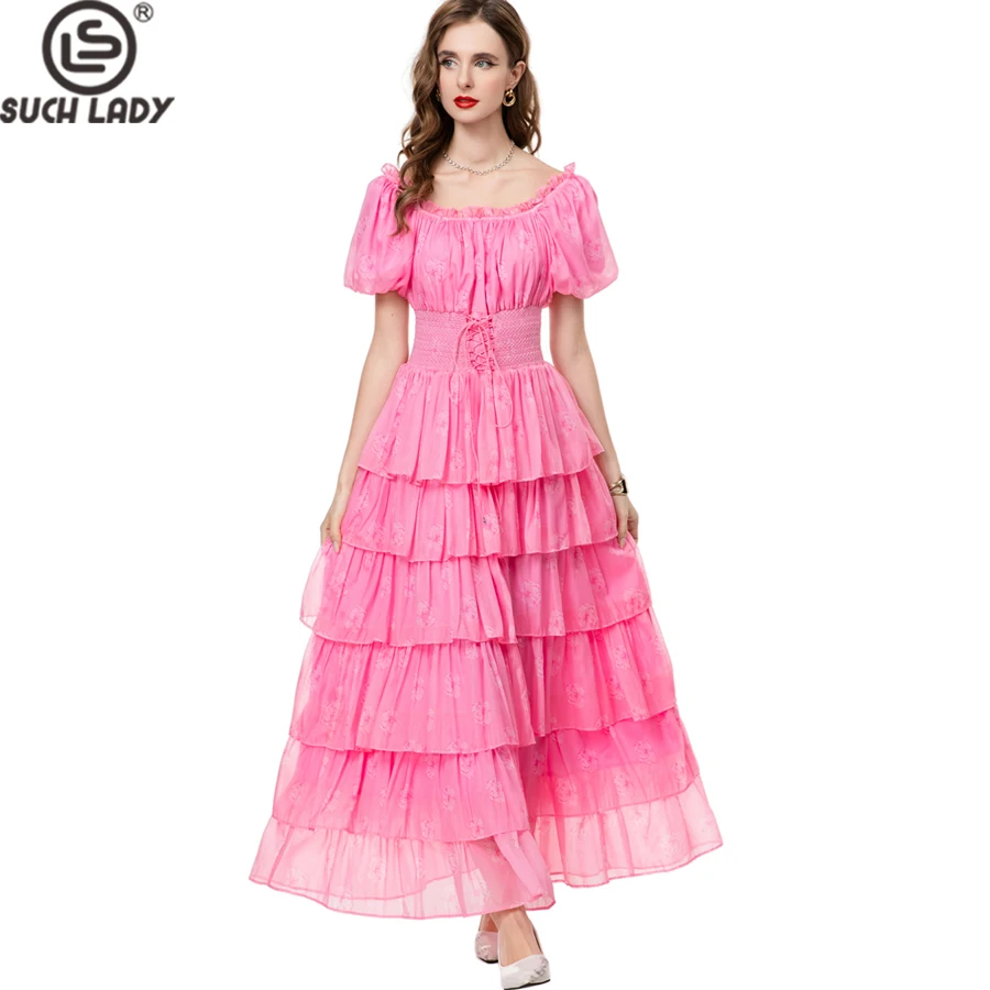 Vestidos femininos decote colher mangas curtas em camadas babados elegante designer vestido de baile maxi vestidos