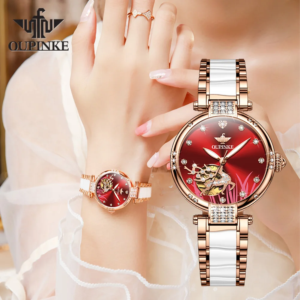 OUPINKE 3211 Hollow Out Diamond Deer Automatic Watch for Women Japan Mechanical Movement Ceramic Strap Luxury Ladies Writwatches