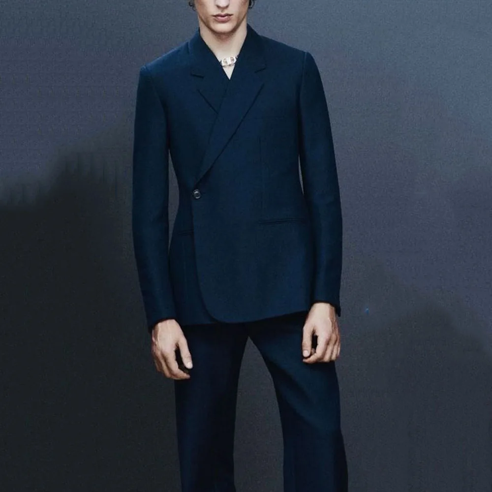 

Classic Solid Color Men's Suits 2 Pieces Jacket Pant Sets One-Button Notch Lapel Formal Occasion Male Simple Business Clothing