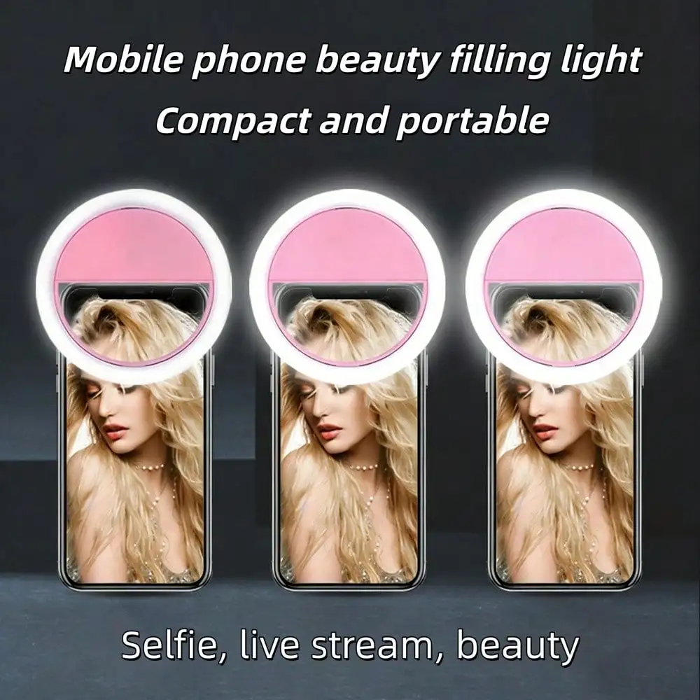 Mini luz de anel de selfie com clipe, luz de preenchimento LED recarregável, brilho de 3 níveis para telefone tablet laptop
