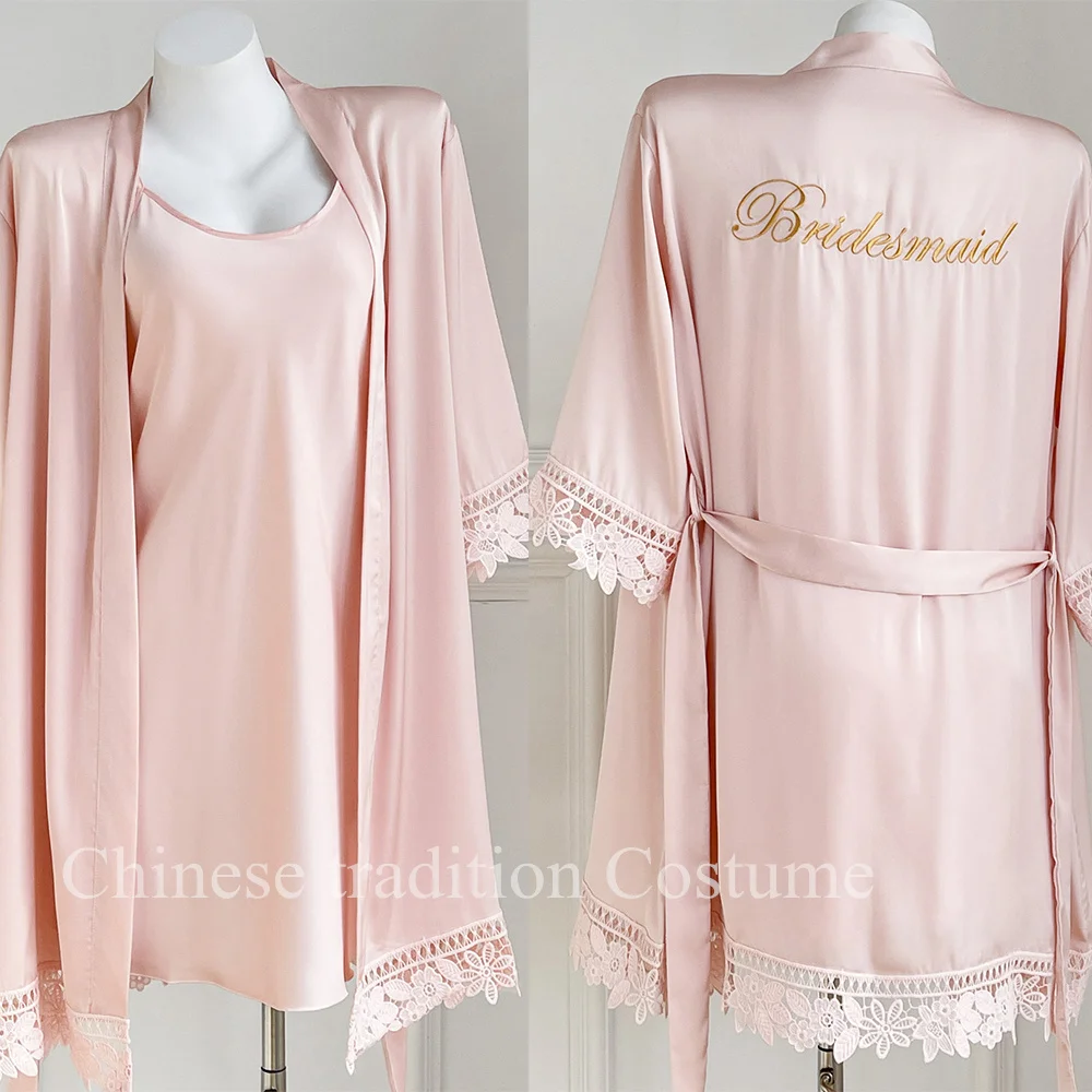 

Bridesmaid Wedding Dress Suit Embroider Lace Sleeve Robe Suit Rayon Sleepwear Lady Summer Autumn Nighty&robe Set 2Pcs Loungewear