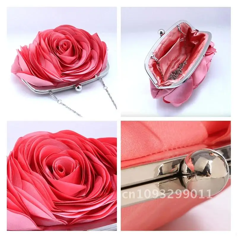 Satin rose Evening clutch Bag Designer Dinner Party black Purse white red Wedding purple color flower