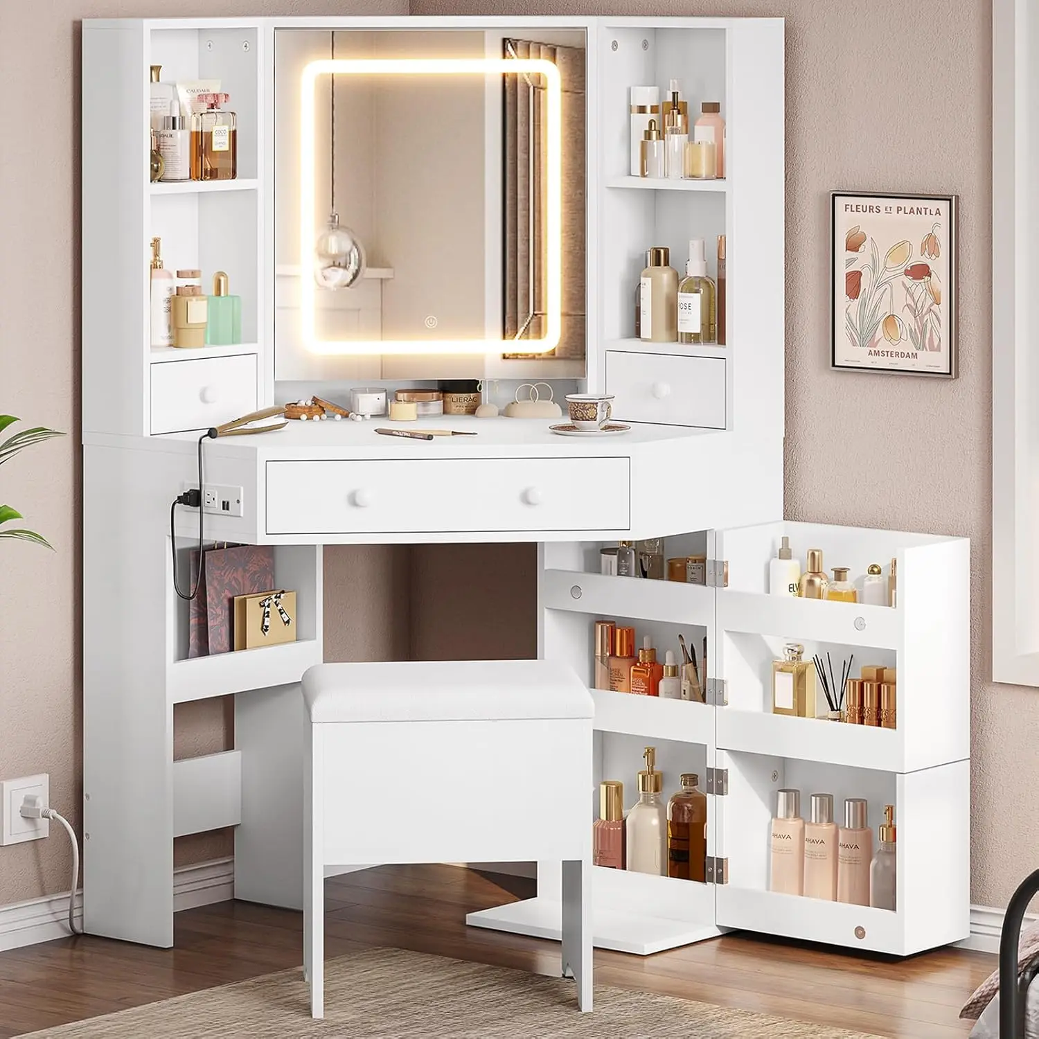 Corner with Lights and Charging Station Makeup Vanity with Lights Vanity Set with Mirror and Storage Stool Makeup Table with